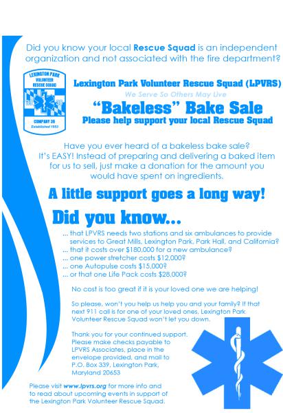 bakeless bake sale fundraiser lexington park volunteer rescue squad